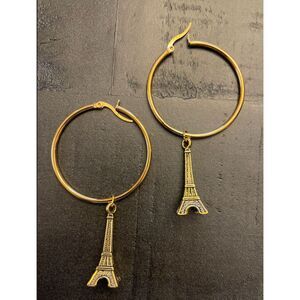 Gold Hoop Earrings with Eiffel Tower Charms